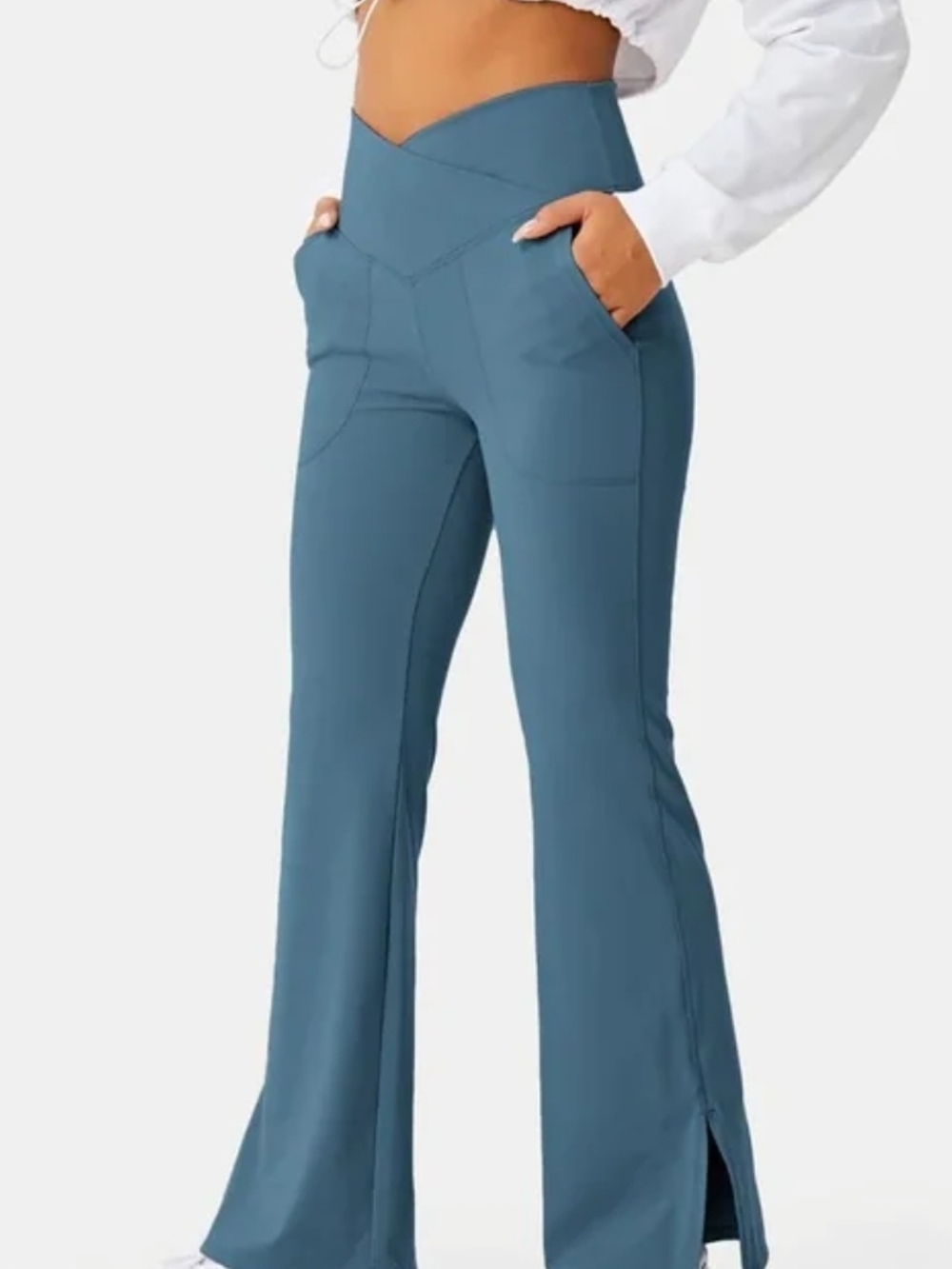HALARA Teal V-Waist Flare Pants with Side Slits